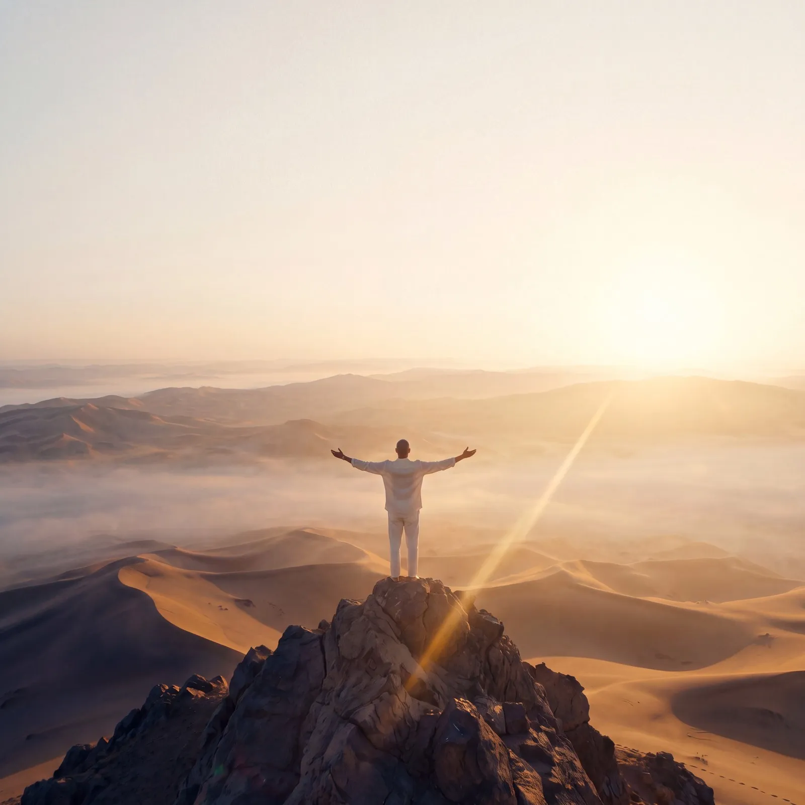 A figure in white with open arms on a rock summit above a sea of dunes and morning mist.
