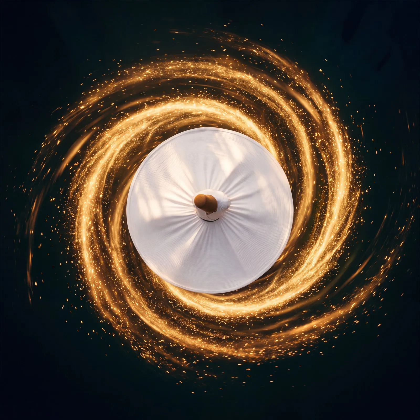 A whirling dervish seen from directly above, his white skirt a circle inside a golden spiral of light.